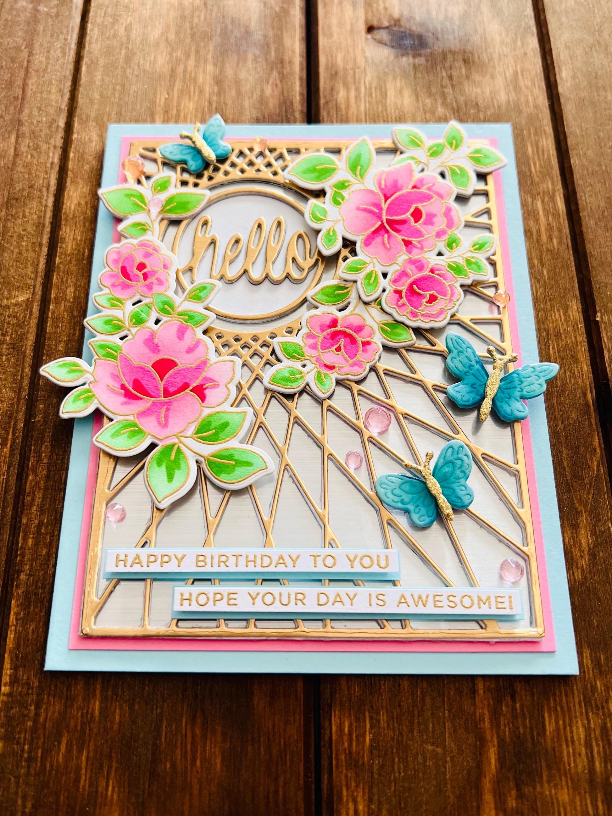 Floral Butterfly Birthday Card: Gold Geometric Design