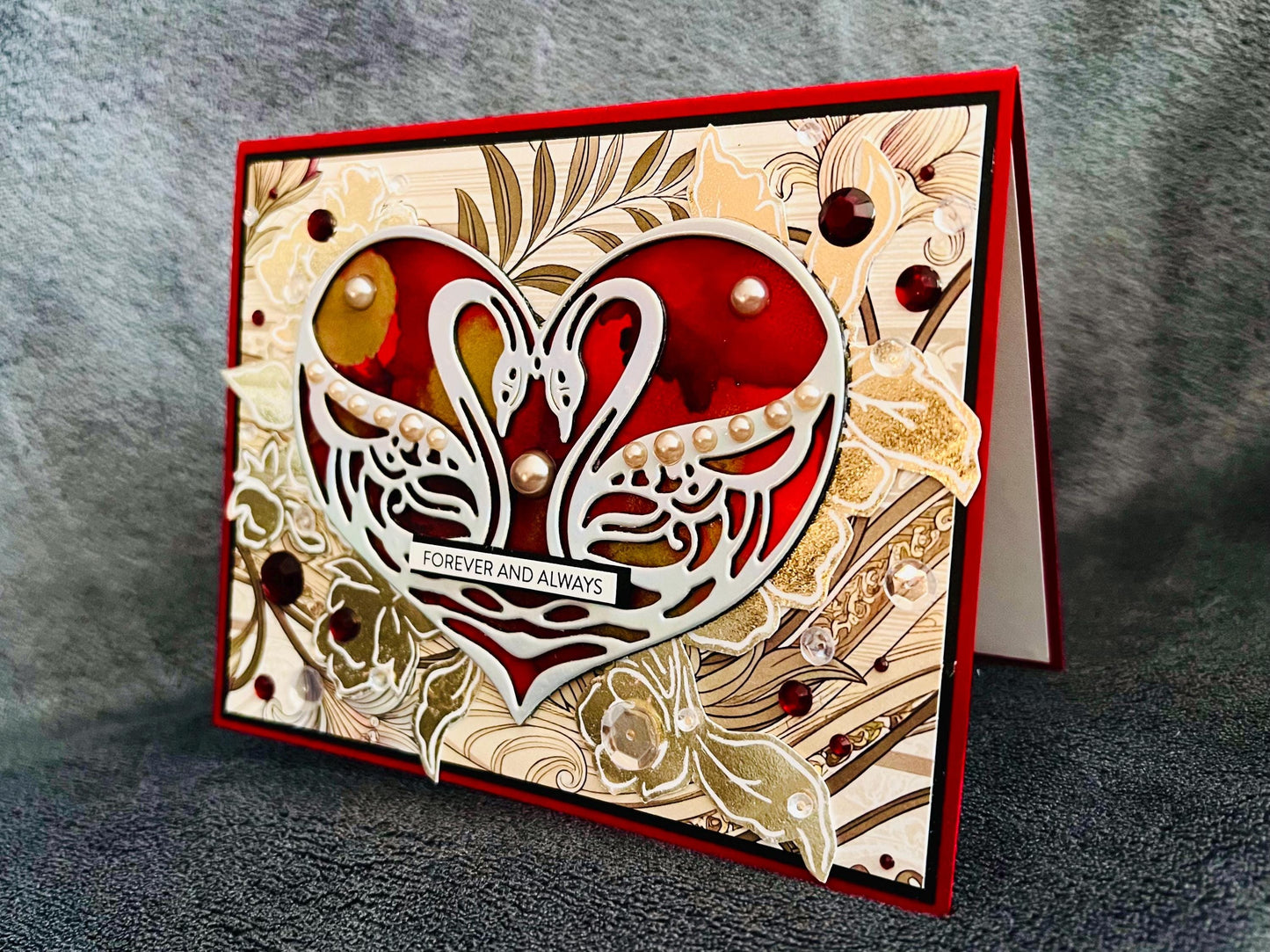 Holographic Swan Love Card: Red Alcohol Ink Heart, Wedding Occasion