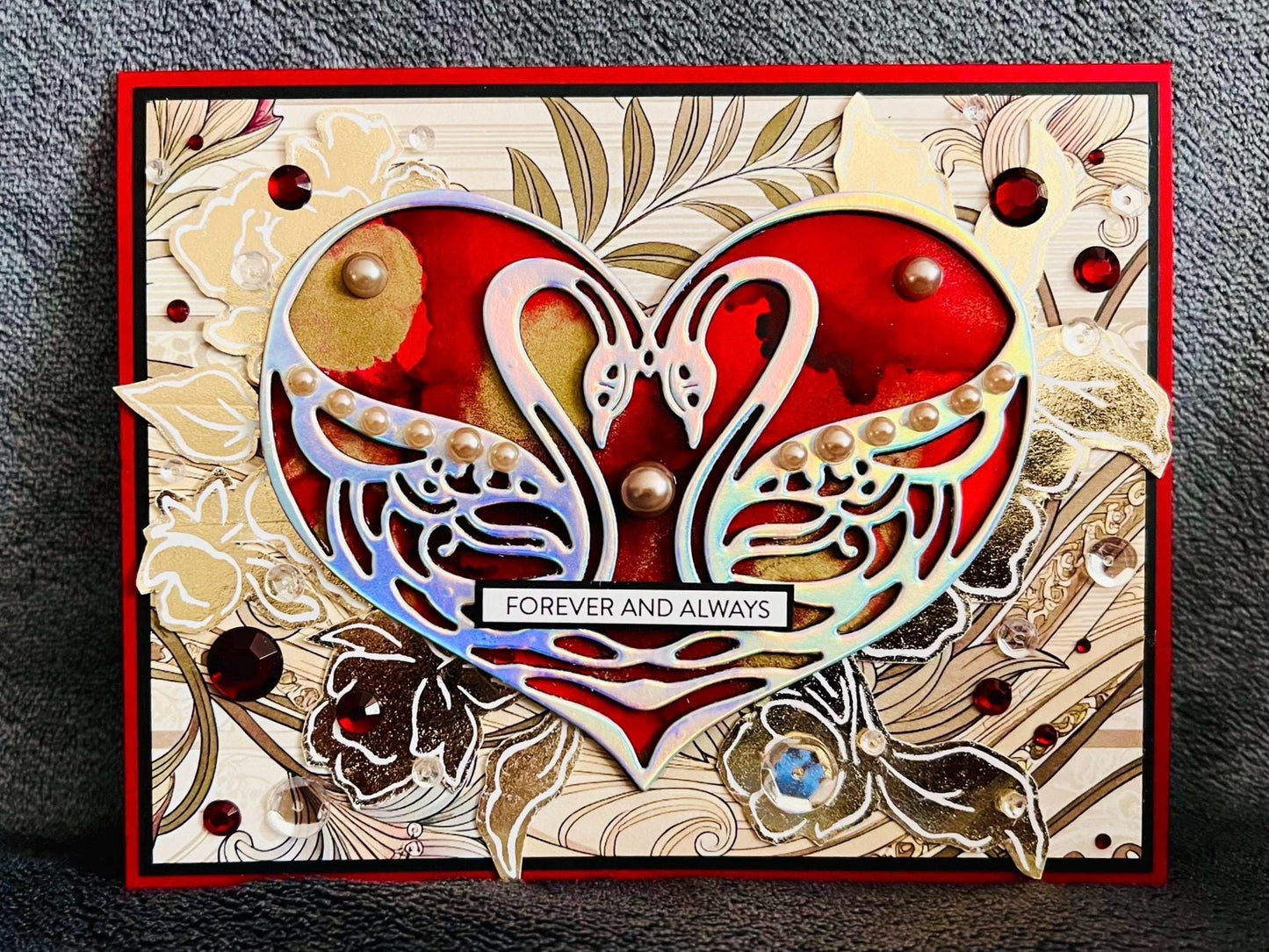 Holographic Swan Love Card: Red Alcohol Ink Heart, Wedding Occasion