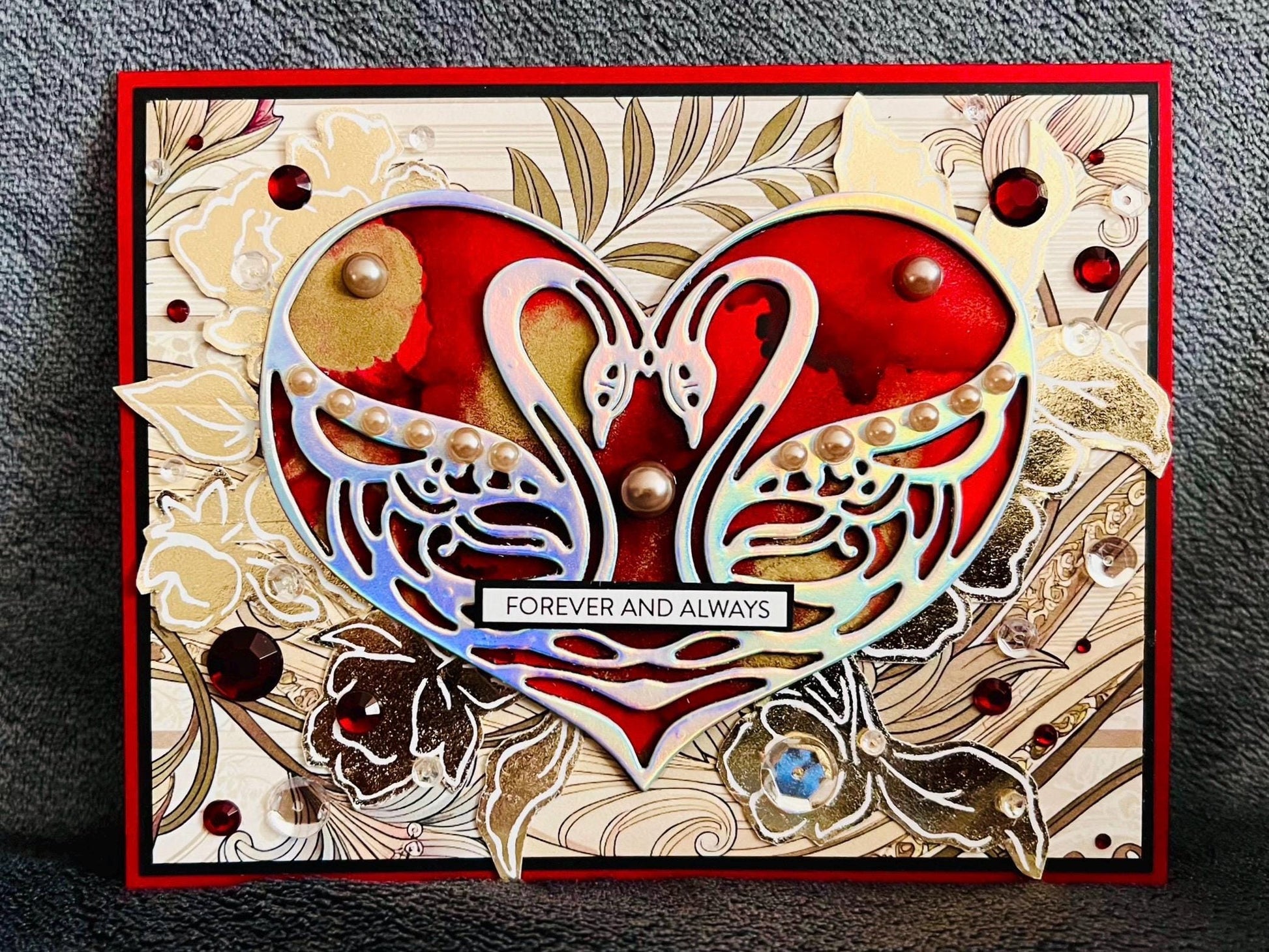 Holographic Swan Love Card: Red Alcohol Ink Heart, Wedding Occasion