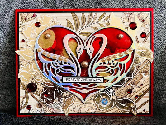 Holographic Swan Love Card: Red Alcohol Ink Heart, Wedding Occasion