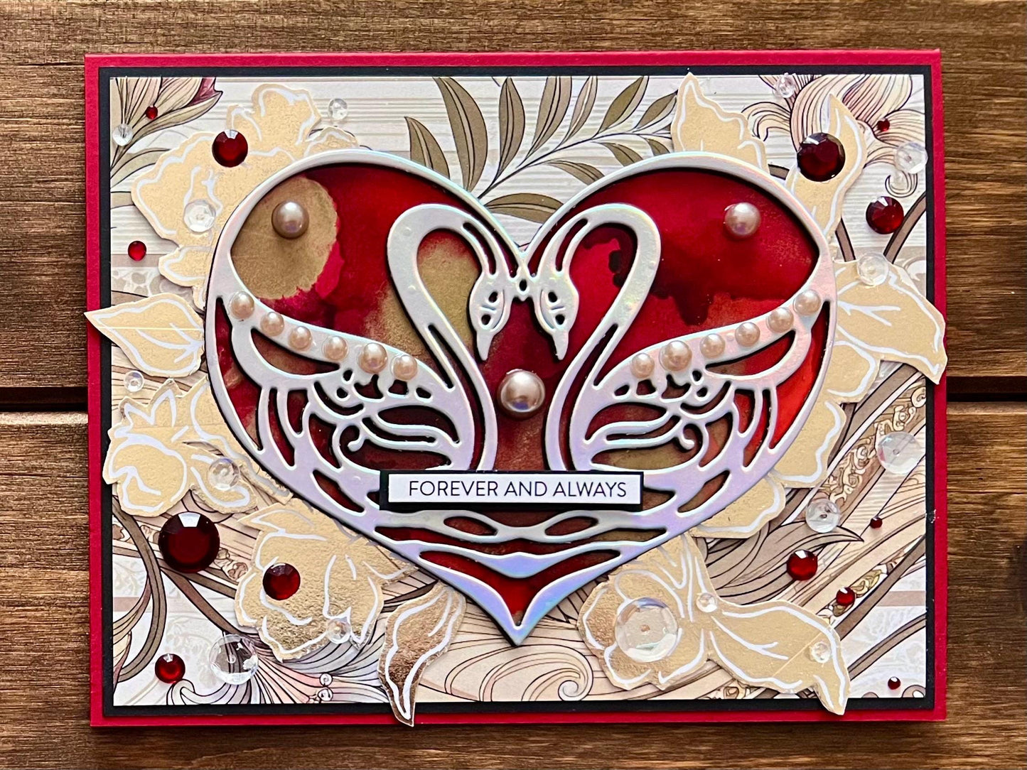 Holographic Swan Love Card: Red Alcohol Ink Heart, Wedding Occasion