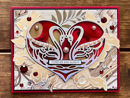 Holographic Swan Love Card: Red Alcohol Ink Heart, Wedding Occasion