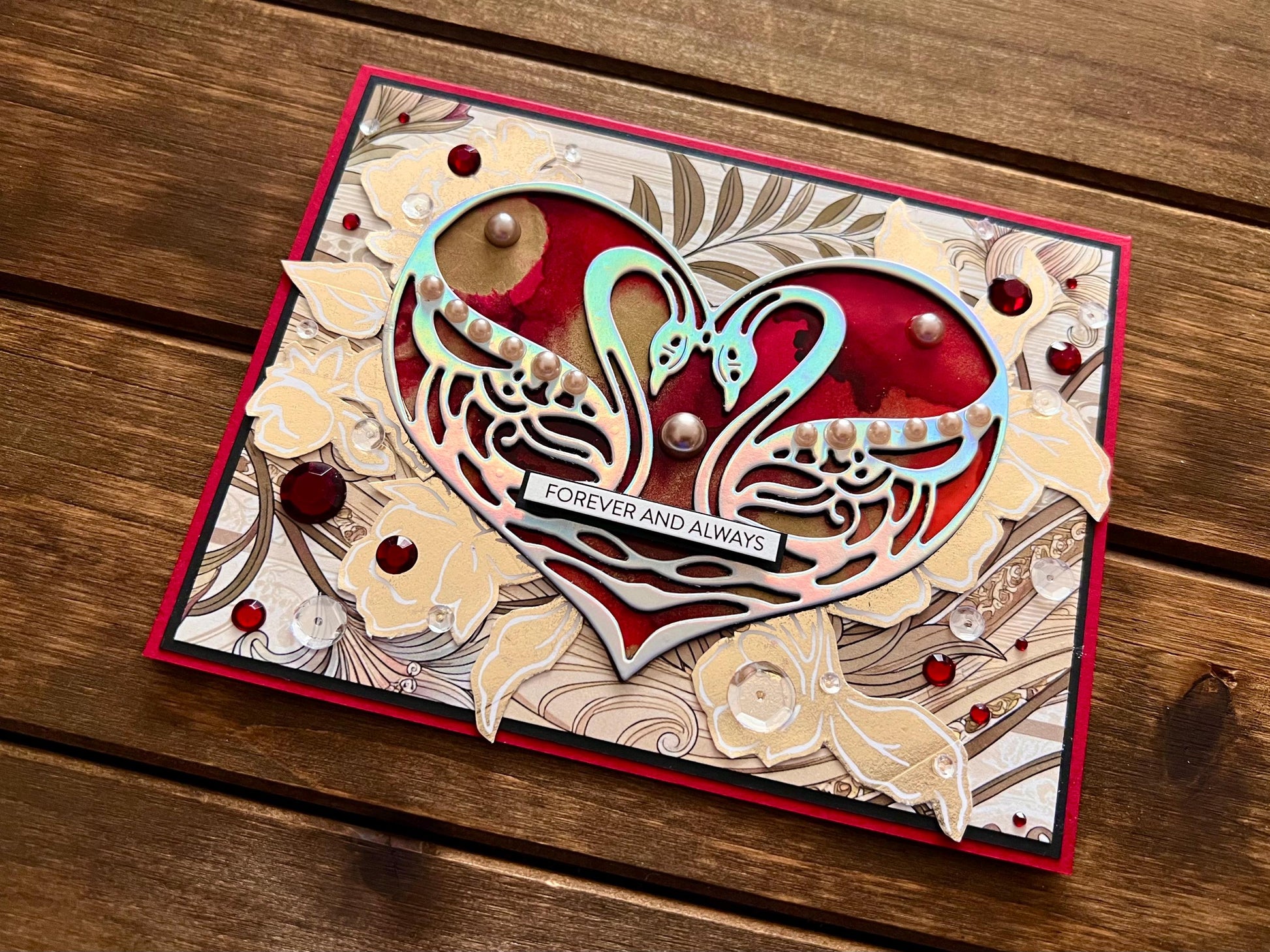 Holographic Swan Love Card: Red Alcohol Ink Heart, Wedding Occasion