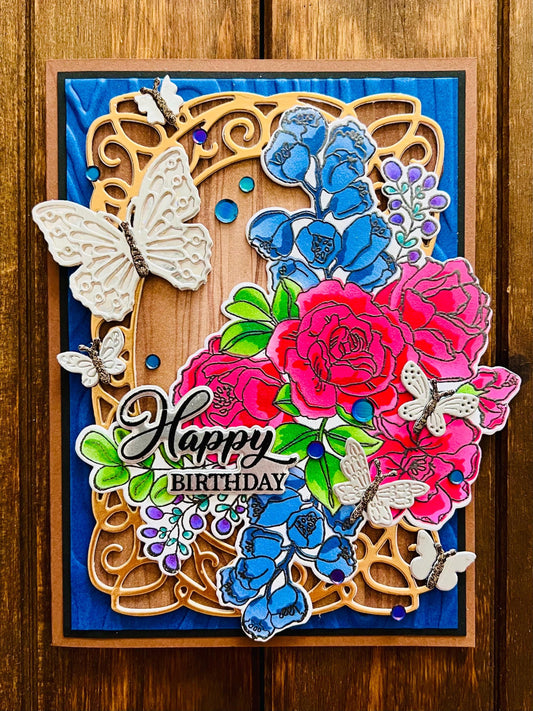Rose Bouquet and Silver Butterflies Birthday Card