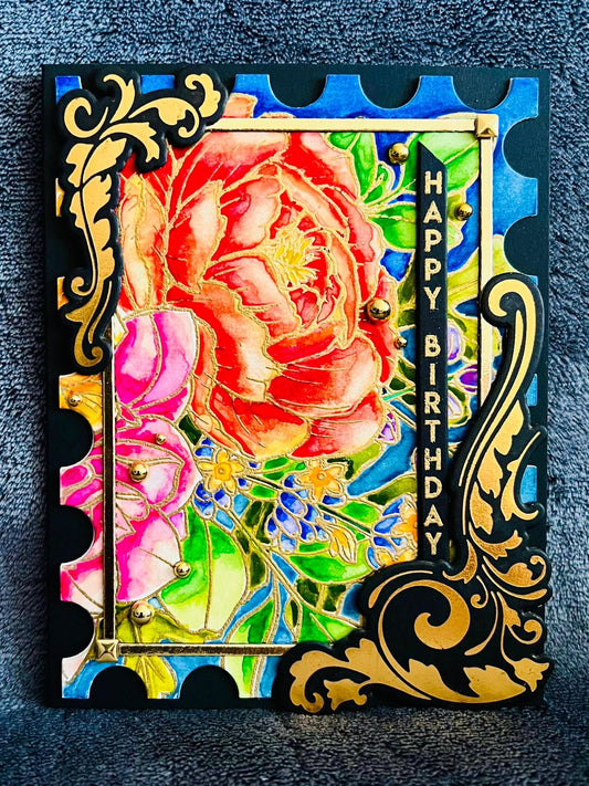 Watercolored Floral Postage Stamp Birthday Card: Gold Embossed