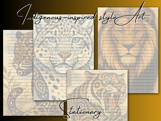 Indigenous-Inspired Animal Stationery | 4 Printable Pages | Tiger, Lion, Leopard, Jaguar | Digital Download Writing Paper