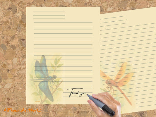Watercolor Dragonfly Stationery Set: Lined Paper (Digital PDF Download)
