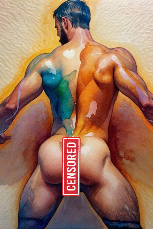 Chromatic Embrace NSFW Digital Art Print | Homoerotic Watercolor Wall Decor | LGBTQ Printable Art | Male Nude Figurative Illustration