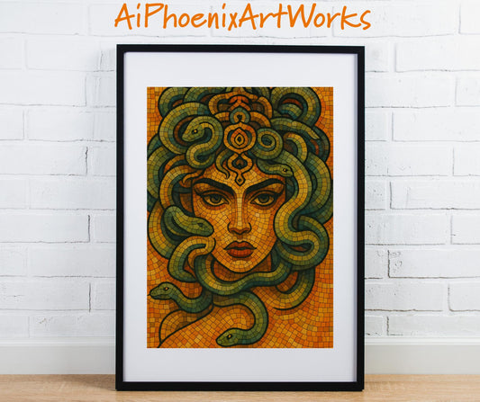 Medusa Mosaic Art Print: Fierce Gaze, Greek Mythology (Digital Download)