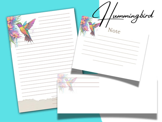 Hummingbird Watercolor Stationery Set: Floral Letterhead & Note Card (Digital Download)