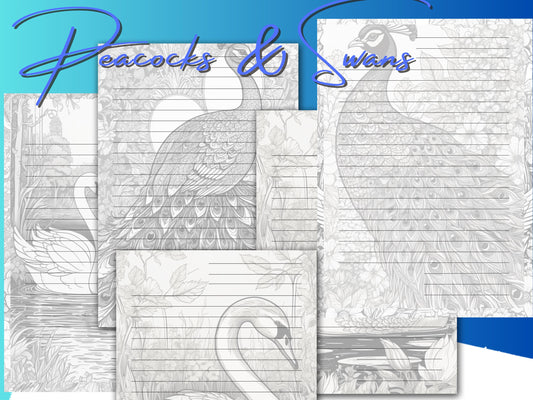 Peacocks & Swans Stationery Set: Lined Writing Paper, Notecards (Digital Download)