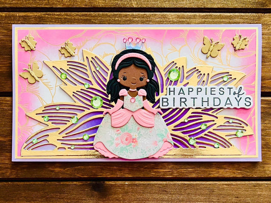 Black Princess with Floral Gown Happiest of Birthdays Large Slimline Card