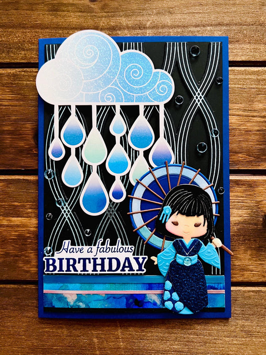 Blue Kimono Girl Birthday Card: Rainy Day Umbrella Design