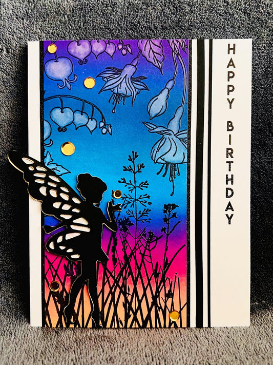 Black Silhouette Fairy Dusk Scene Birthday Card