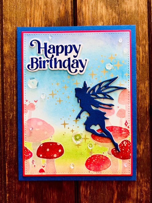 Blue Silhouette Fairy with Gold Pixie Dust Mushroom Scene Birthday Card