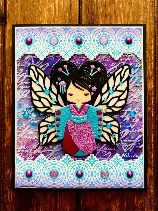 Blue and Purple Kimono Girl with Butterfly Wings Blank Card