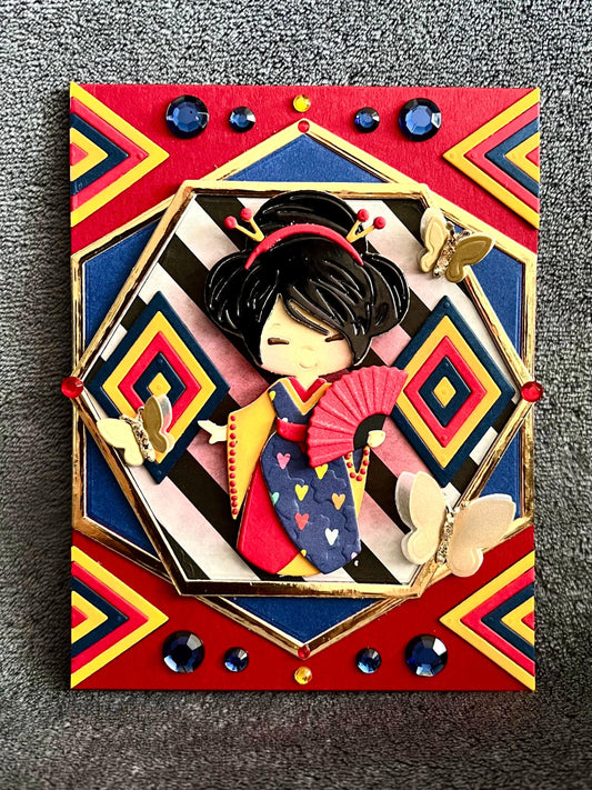 Kimono Doll Holding Fan with Color Block Diamond Pattern Background Blank Card