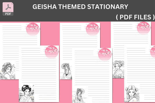 Elegant Geisha Stationery Set | 6 Printable PDF Pages | US Letter Size | Japanese Art Letter Paper | Cherry Blossom Writing Sheets