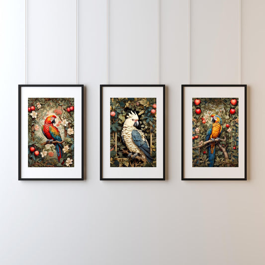 Botanical Parrot Trio | Digital Printable Wall Art | (Set of 3 Artistic Renders)