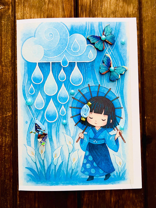 Blue Kimono Girl Rainy Day Blank Card