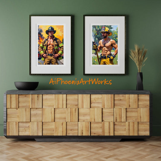 Firefighter Art Print Set: Heroic Muscle Pin-Up Decor