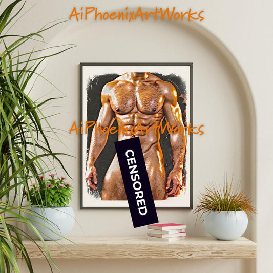 Golden Heat NSFW Male Nude Oil Style Wall Art | Erotic Figurative PRINT | AiPhoenixArtWorks