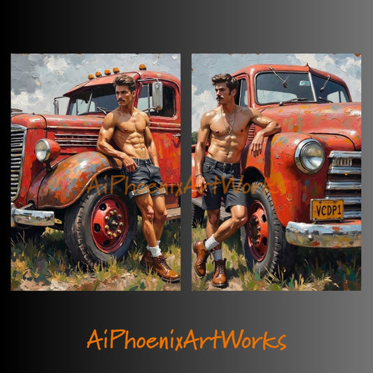 Retro Truck Cowboy Set | 2 Art PRINTS | Rustic Muscle Decor | Vintage Americana Wall Art