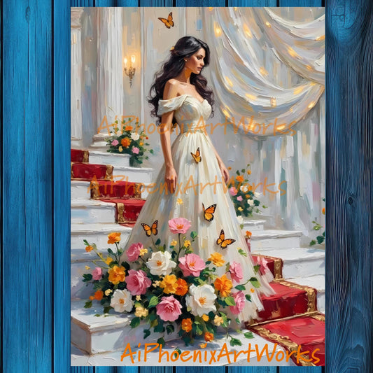 Floral Gown Art Prints: Garden Staircase Fairytale Fashion - Set of 2