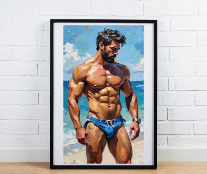Beach Body Heat, Male Physique Art Print | Summer Erotica Wall Decor | Glossy Premium PRINT in 5x7, 8.5x11, or 13x19