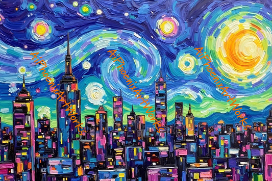 Starry Skyline | Vibrant Cityscape Art PRINT| Wall Decor | Lab Quality Print