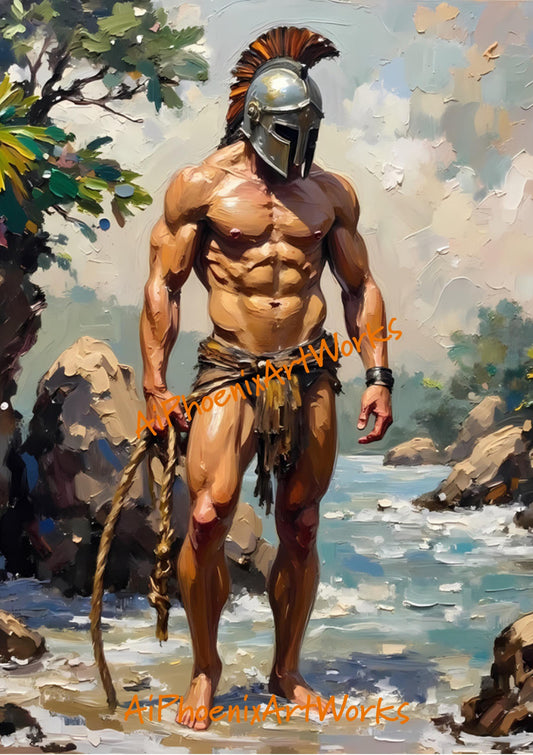 Spartan Tide Warrior Male Nude Art Print | Mythical Masculinity Wall Decor | Glossy Premium PRINT in 5x7, 8.5x11, or 13x19