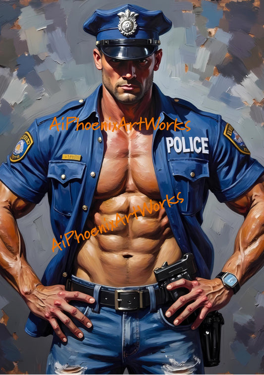 Sexy Policeman Wall Art PRINT | Male Pin-Up Painting, Modern Gay Art Decor | AiPhoenixArtWorks