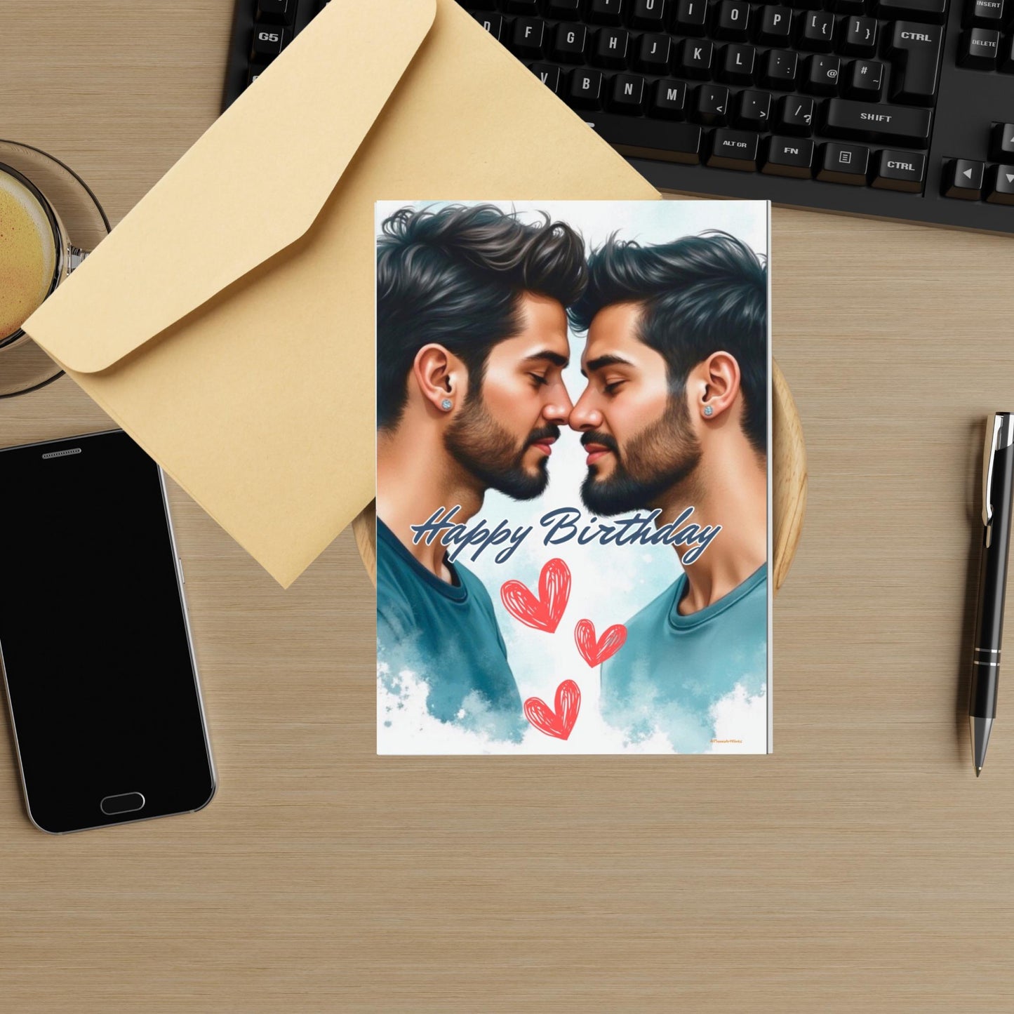 Romantic LGBTQ+ Birthday Card: Loving Couple Art, 4x6 Greeting