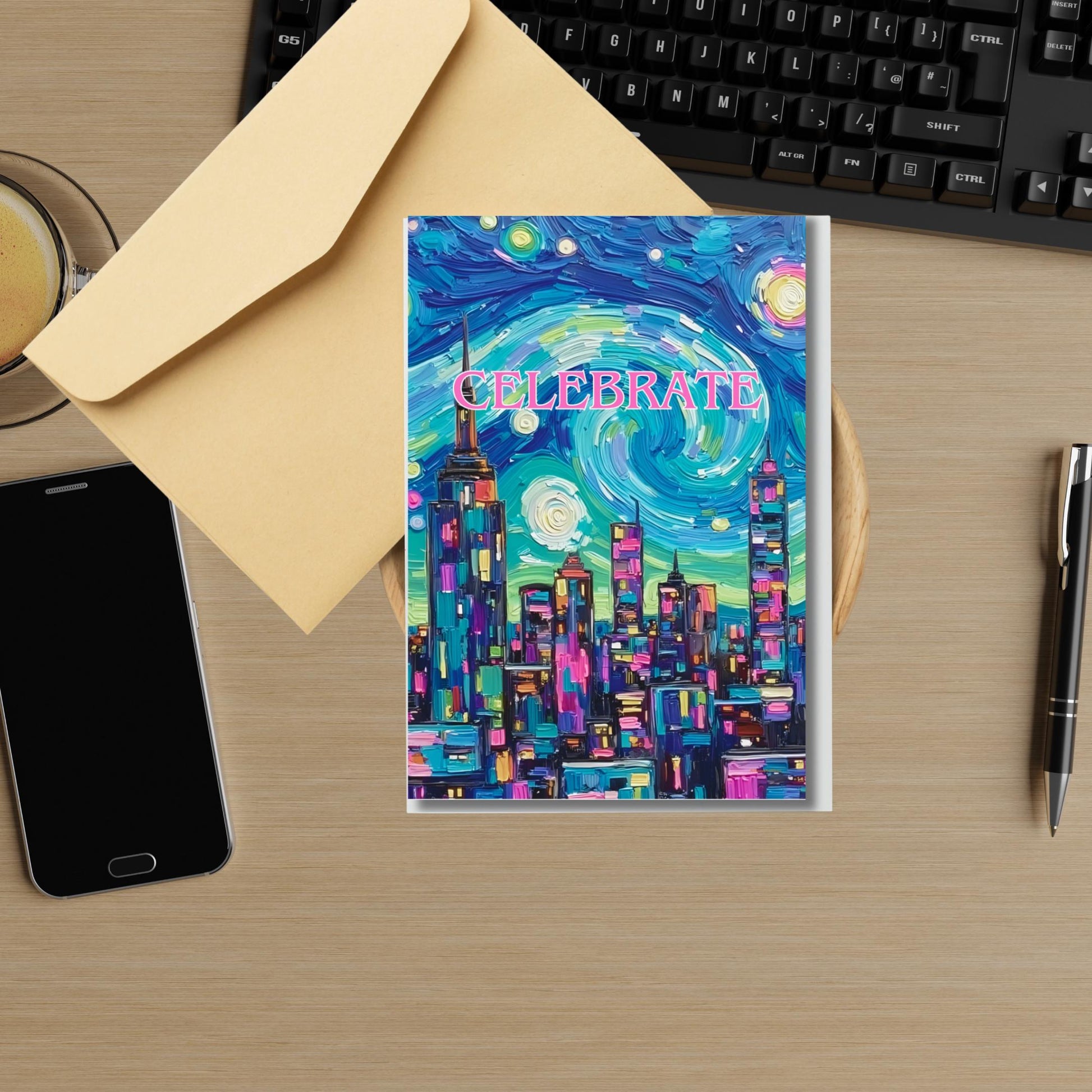 Celebrate Starry Skyline – Night Sky Greeting Card | 4x6 Folded with Envelope | Celestial Cityscape Card
