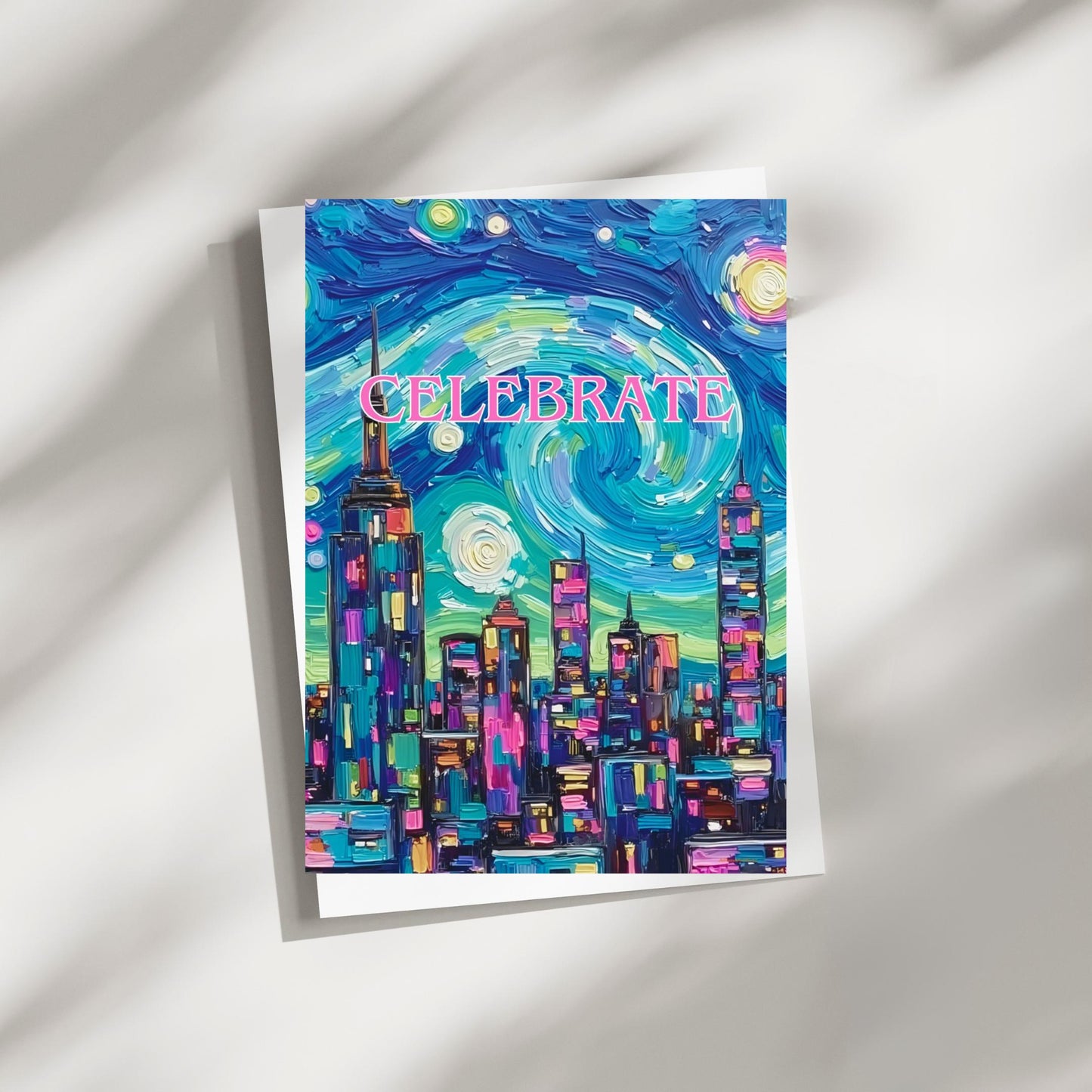 Celebrate Starry Skyline – Night Sky Greeting Card | 4x6 Folded with Envelope | Celestial Cityscape Card