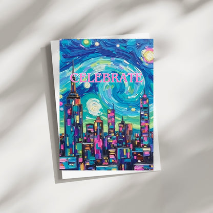 Celebrate Starry Skyline – Night Sky Greeting Card | 4x6 Folded with Envelope | Celestial Cityscape Card