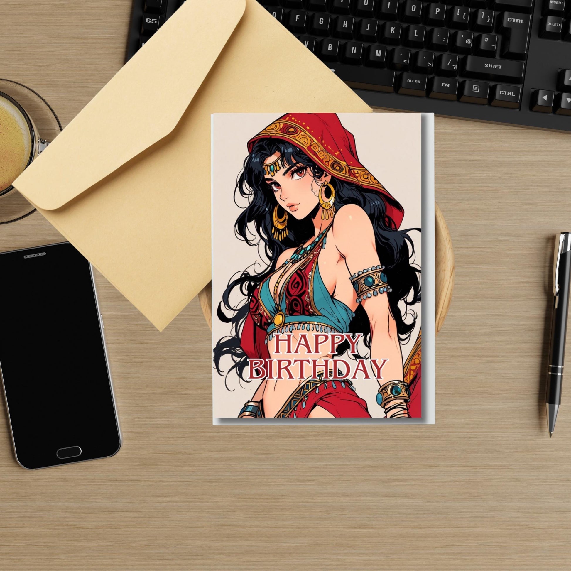 Boho Anime Girl Birthday Card: 4x6 Folded Greeting with Envelope