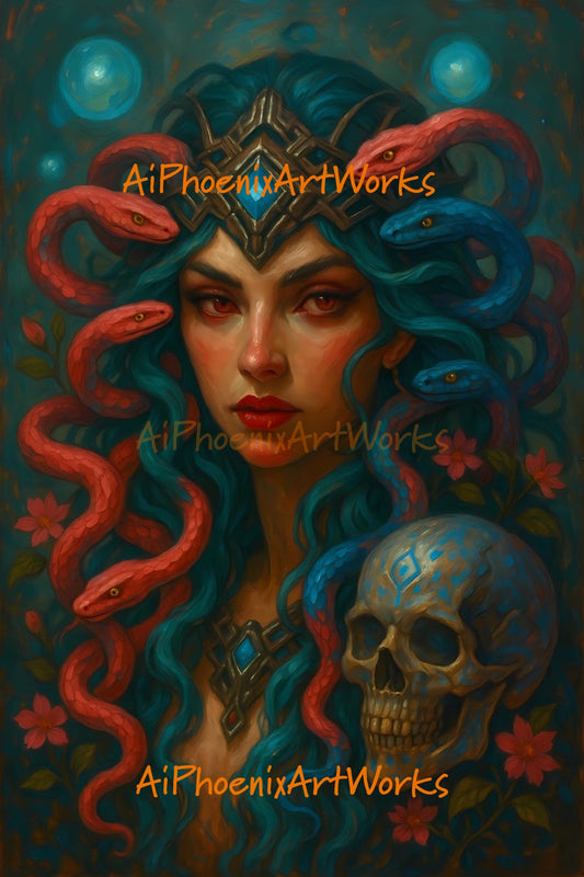 Medusa Fantasy Art Print | Dark Mythology Wall Decor | Gothic Snake Goddess Illustration | AiPhoenixArtWorks