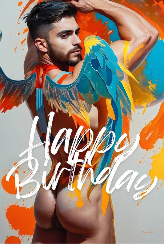 Happy Birthday Greeting Card | Male Nude Art with Wings PRINT | Colorful Gay Birthday Card | Mature Content | Single or 5-Pack