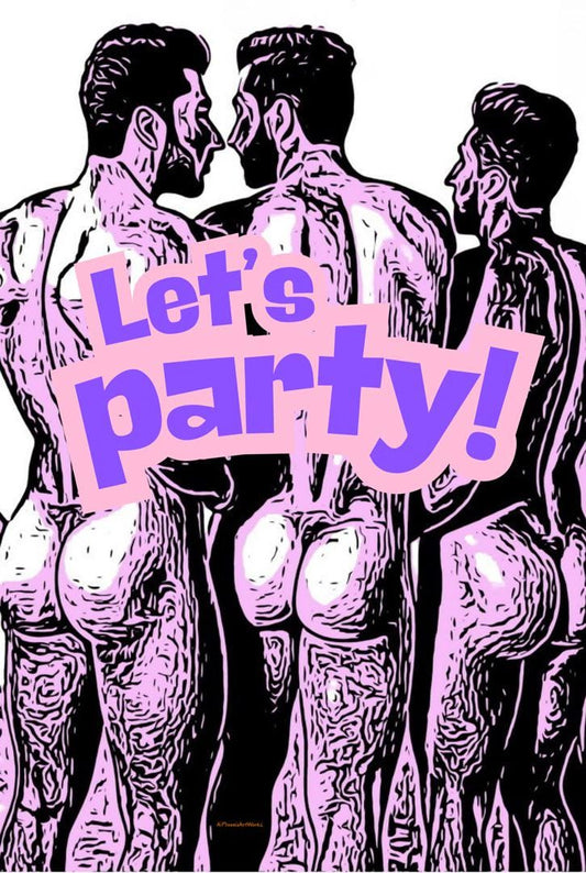 Mature Greeting Card | Let’s Party Nude Male Art Print | Funny Gay Birthday or Celebration Card | Single, 5-Pack, 10-Pack Options