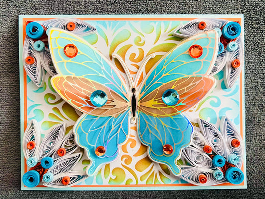 Gold Foiled Acetate Flutter Wing Butterfly Blank Card with Paper Quilled Corner Elements