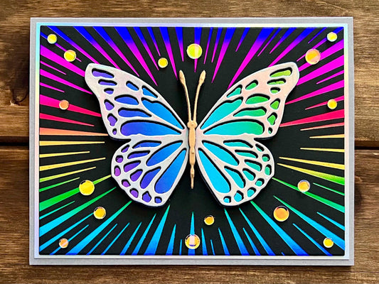 Silver Butterfly with Rainbow Radial Rays Blank Card
