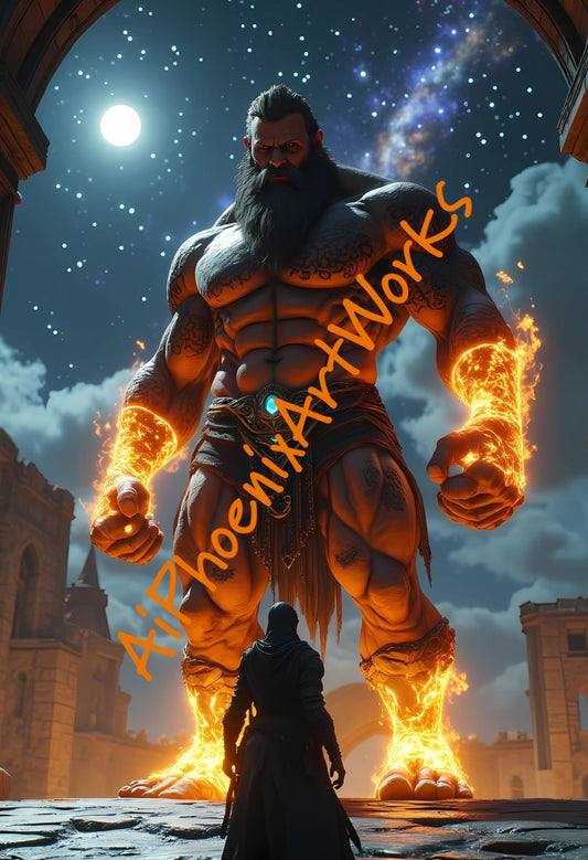 Fire Giant Warrior Art Print: Mythical Titan Illustration (13x19 Glossy Poster)