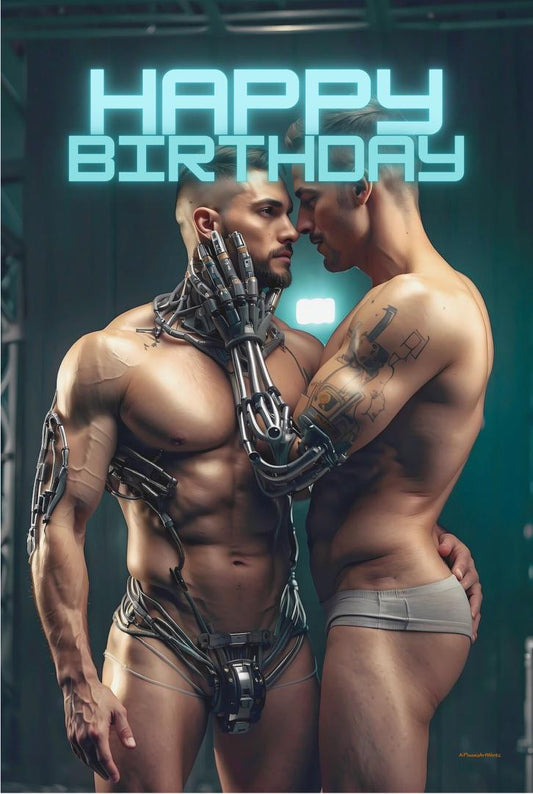 Gay Couple Sci-Fi Birthday Card: Futuristic LGBTQ+ Art Print