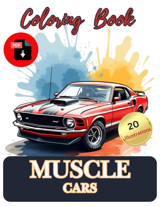 Muscle Cars Coloring Book | 20 Illustrations | PDF Download