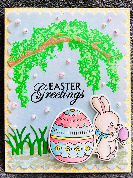 Arched Tree & Bunny Design Easter Egg Greeting Card - Celebrate Spring with Unique Handcrafted Holiday Wishes