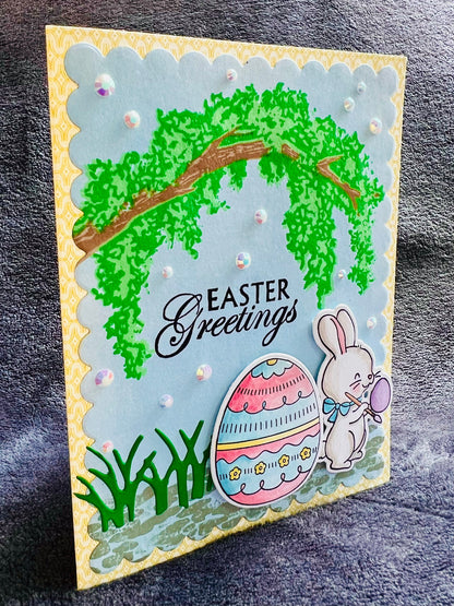 Arched Tree & Bunny Design Easter Egg Greeting Card - Celebrate Spring with Unique Handcrafted Holiday Wishes