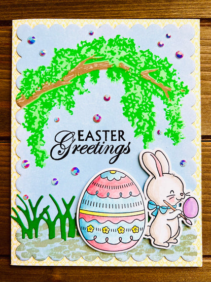 Arched Tree & Bunny Design Easter Egg Greeting Card - Celebrate Spring with Unique Handcrafted Holiday Wishes