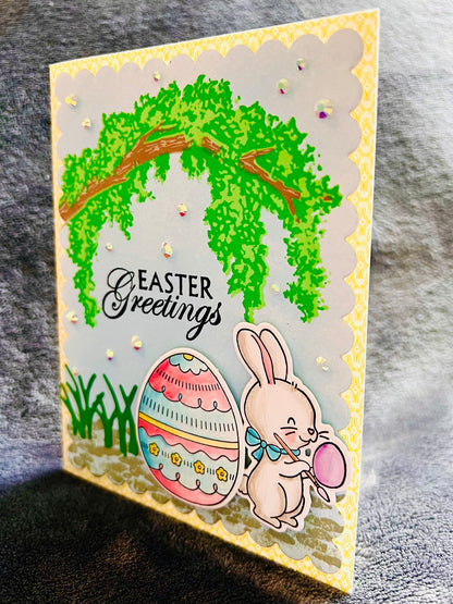 Arched Tree & Bunny Design Easter Egg Greeting Card - Celebrate Spring with Unique Handcrafted Holiday Wishes